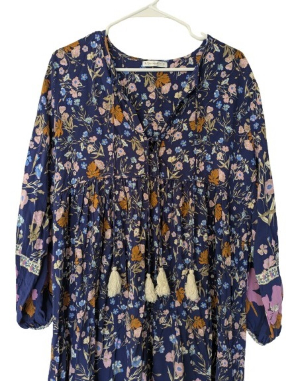 R.Vivimos Long Sleeve Floral Boho Summer Dress Size 2XL Plus Tassles Rayon - Picture 3 of 5